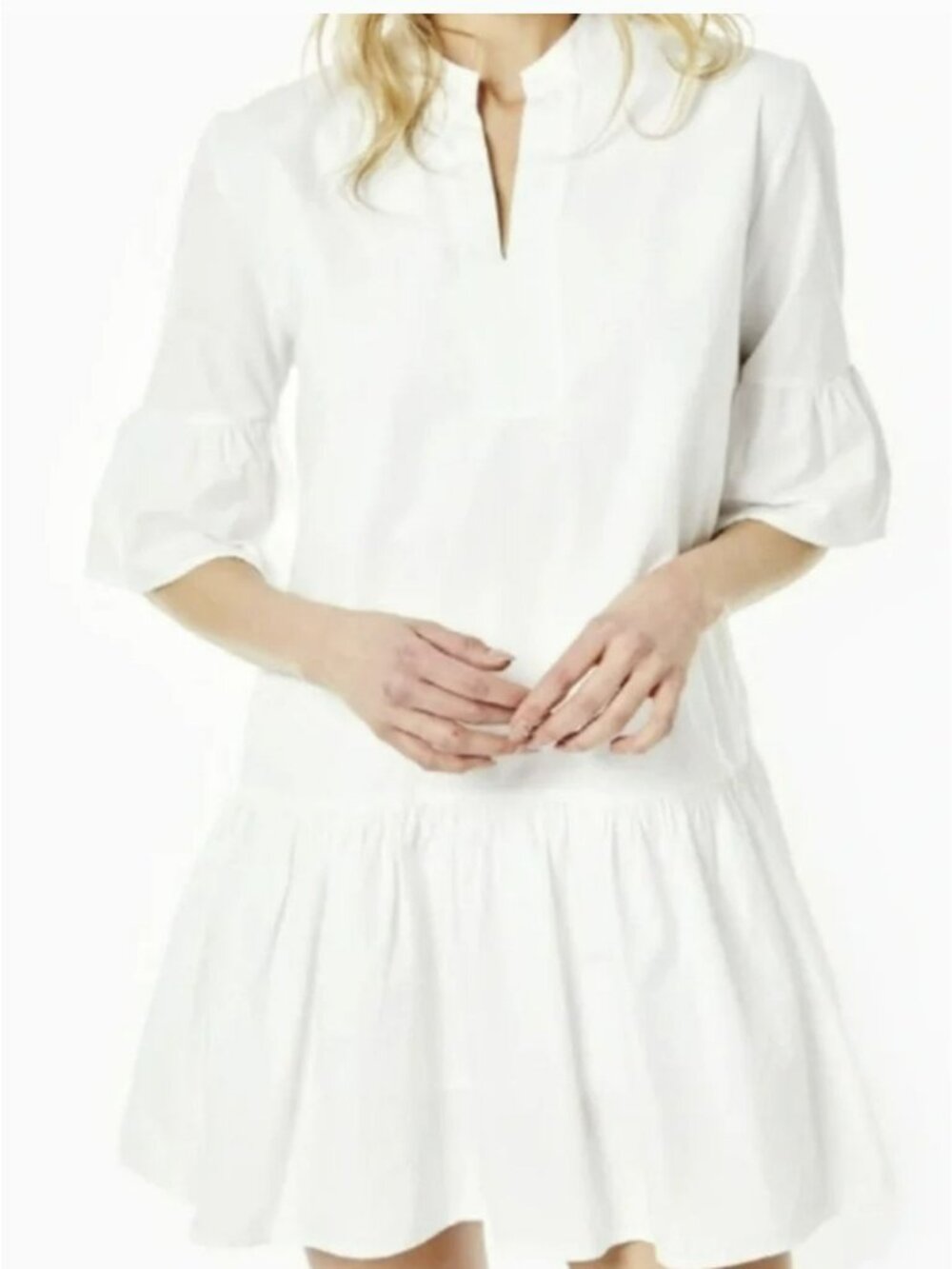 Addison Bay Maritime White Dress With Tiered Skirt & 3/4 Sleeves New